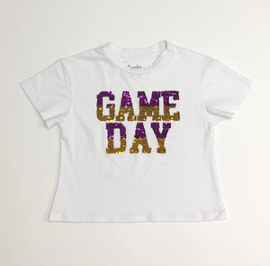 Sequin Reversible Purple/Black Gold Game Day Boxy Tee