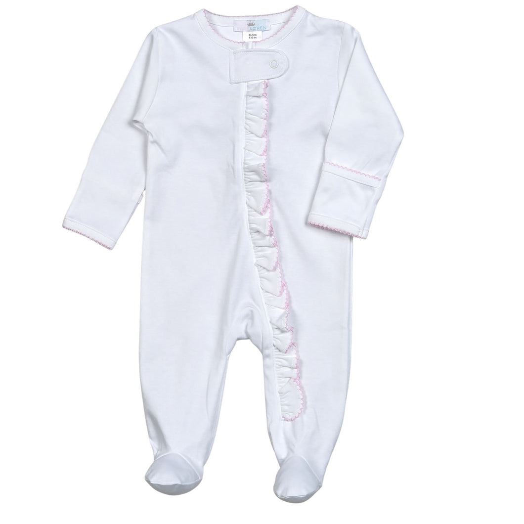 White Pima Zipper Footie With Pink Ruffle Trim