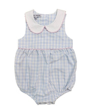 Load image into Gallery viewer, Girls Blue Gingham Bubble w/ Pink Trim