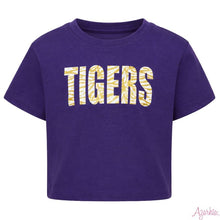 Load image into Gallery viewer, Girls Glitter Tigers Purple Boxy Tee