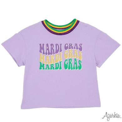 Girls Mardi Gras Glitter words on Lavender Boxy Tee