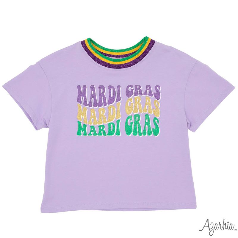 Girls Mardi Gras Glitter words on Lavender Boxy Tee