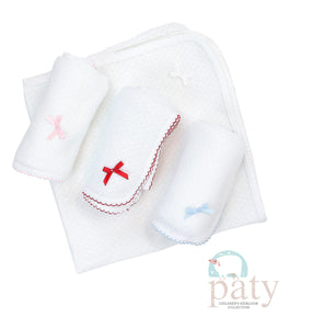 Paty White Receiving Blanket w/ Colored Trim and Bow