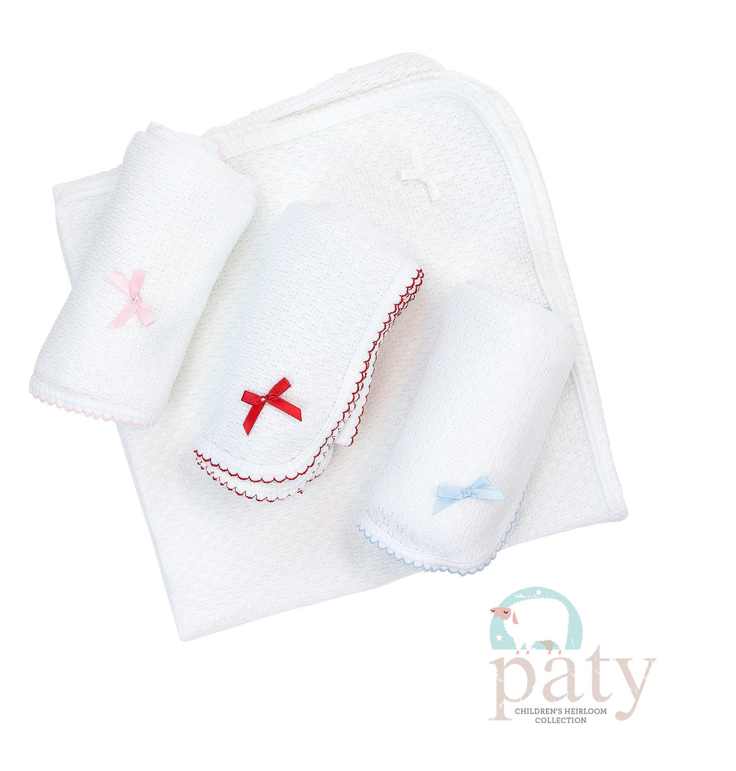 Paty White Receiving Blanket w/ Colored Trim and Bow