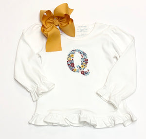 Flower monogram, girls appliqu shirt, flower applique, vintage flower,  monogrammed shirt, personalized, initials