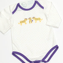 Load image into Gallery viewer, Yellow Dot Long Sleeve Onesie with Purple Trim