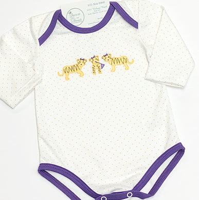 Yellow Dot Long Sleeve Onesie with Purple Trim