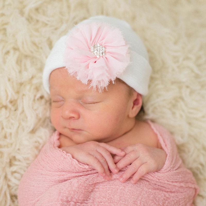 White with Pink Flower Newborn Beanie
