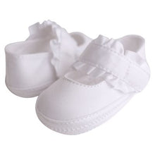 Load image into Gallery viewer, White Satin Crib Shoe with Ruffle Strap