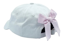 Girls White Tennis Baseball Hat w/ Pink Seersucker Bow