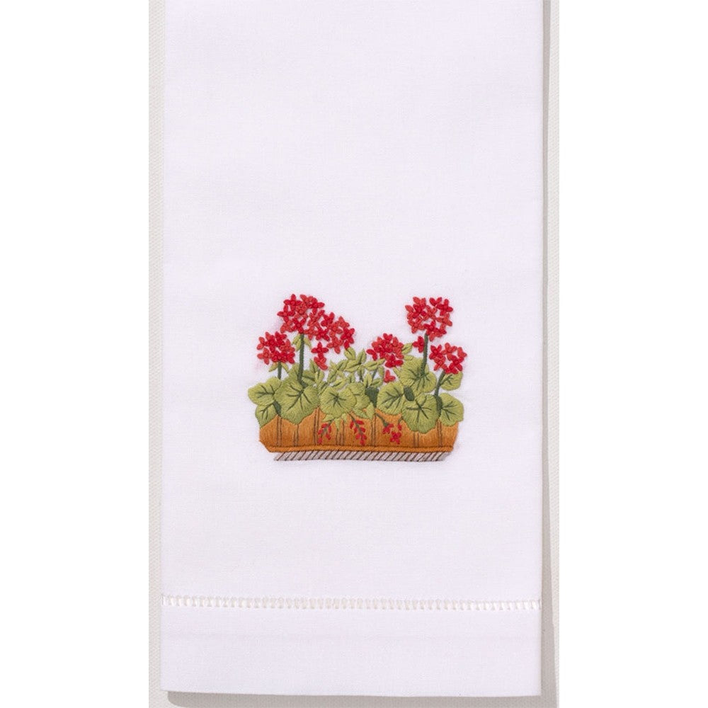 French Geraniums Hand Embroidered Towel