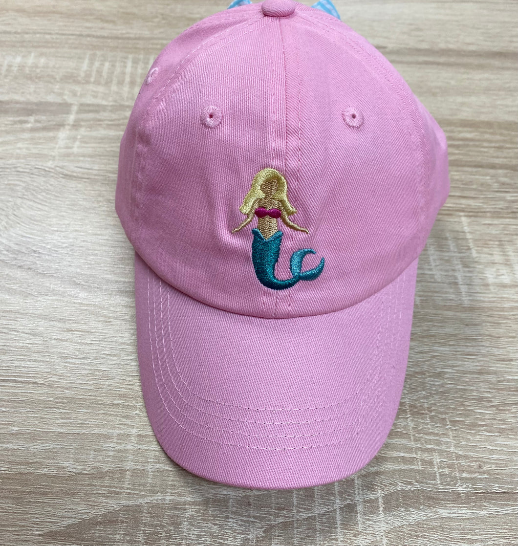 Girls Mermaid Baseball Hat w/ Aqua Seersucker Bow
