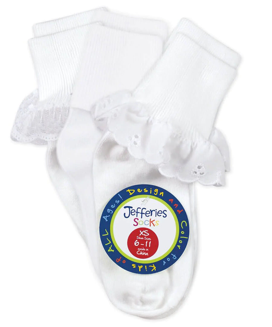 White Cotton Assorted Ruffle Turn Cuff Socks