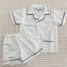 Load image into Gallery viewer, White w/ Navy Trim Shorts Pajamas