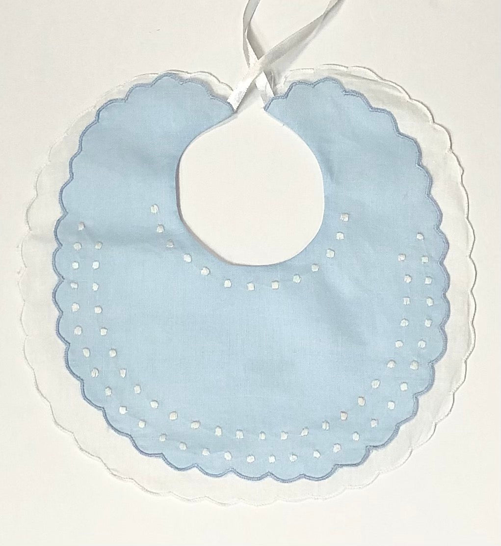 White and Blue Double Scalloped Linen Bib with Swiss Dots