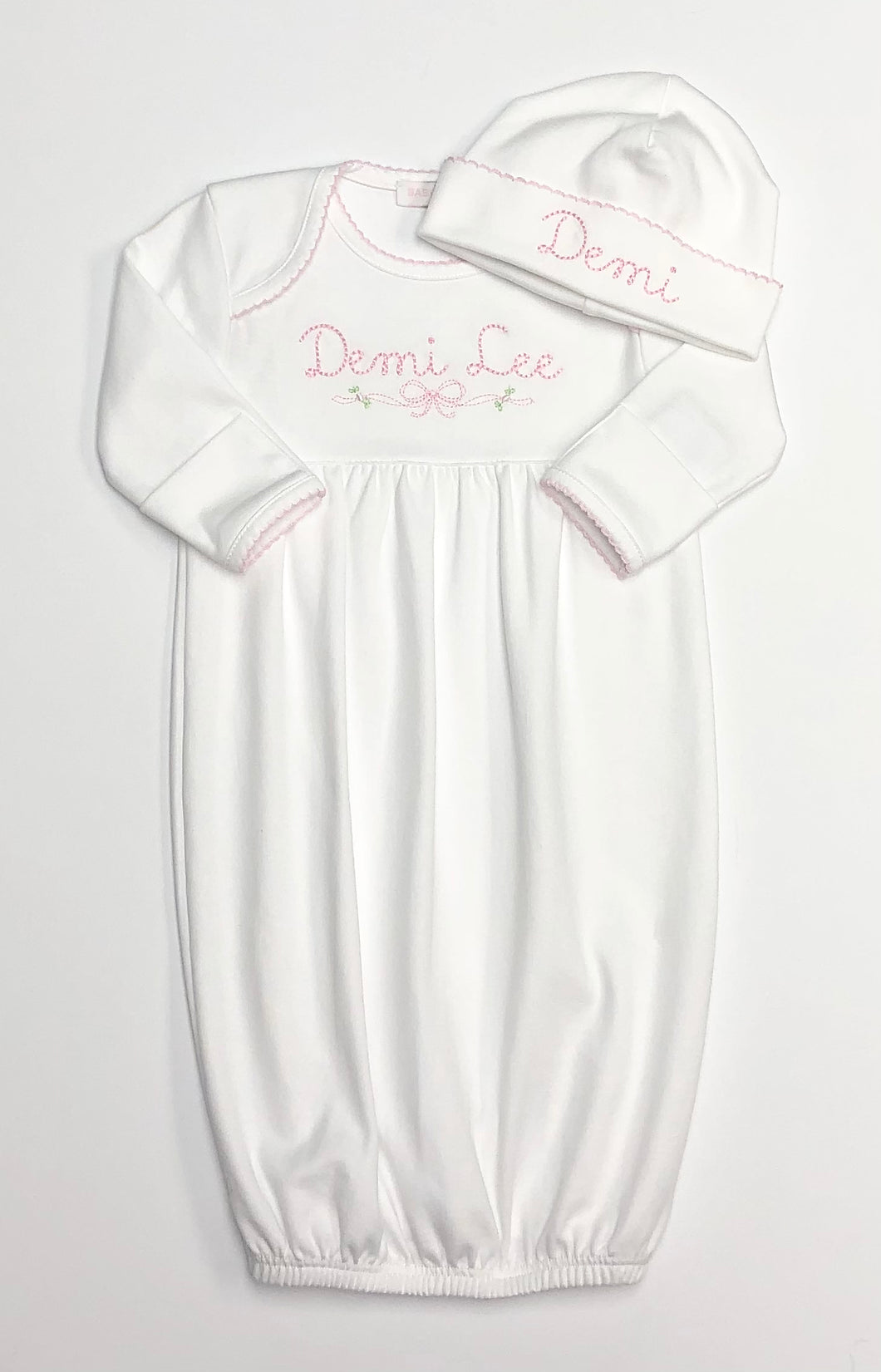 White Pima Gown with Pink Trim with Empire Waist