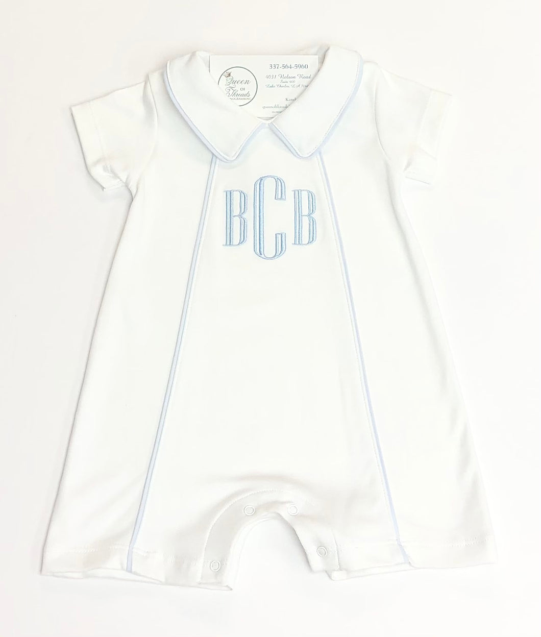 White Thomas Pima Playsuit with Blue Trim