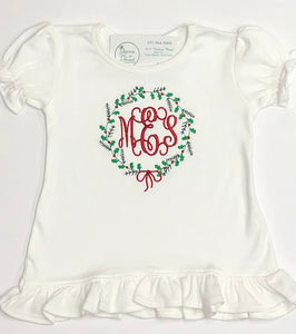 Girls Holly Wreath with Initials Tee
