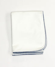 Load image into Gallery viewer, White Pima Blanket with Navy Trim