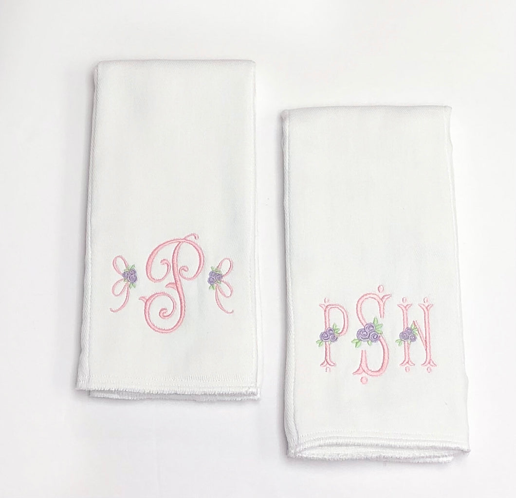 Initials with Rosebuds and Bows Burp Cloth Set