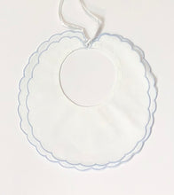 Load image into Gallery viewer, White Double Scalloped Linen Bib with Blue Trim