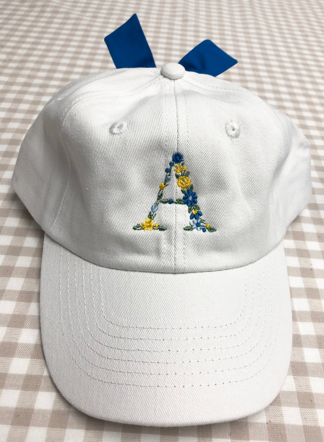 Girls White Baseball Hat w/ Blue Bow