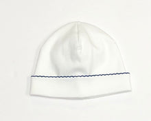 Load image into Gallery viewer, White Pima Beanie with Navy Trim